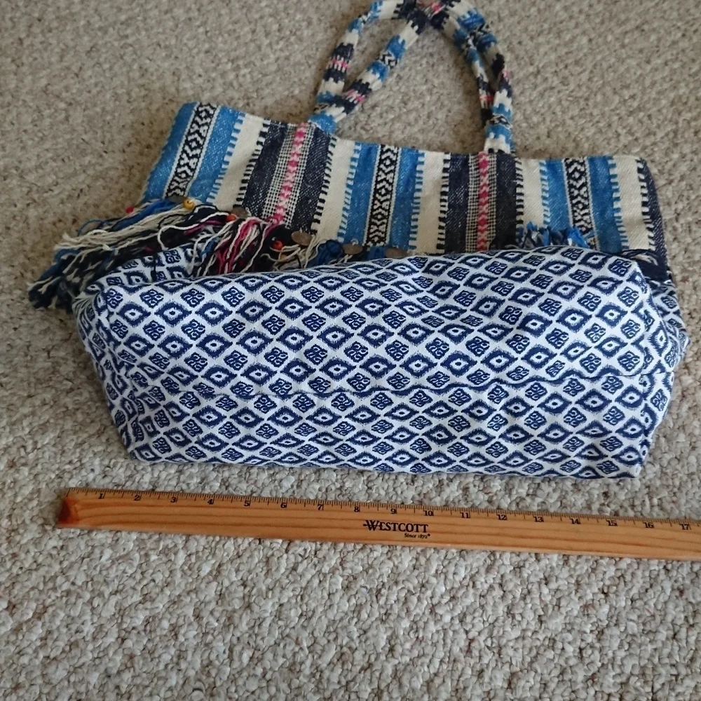 America & Beyond Boho Embroidered Tassel Blue and White Tote Bag